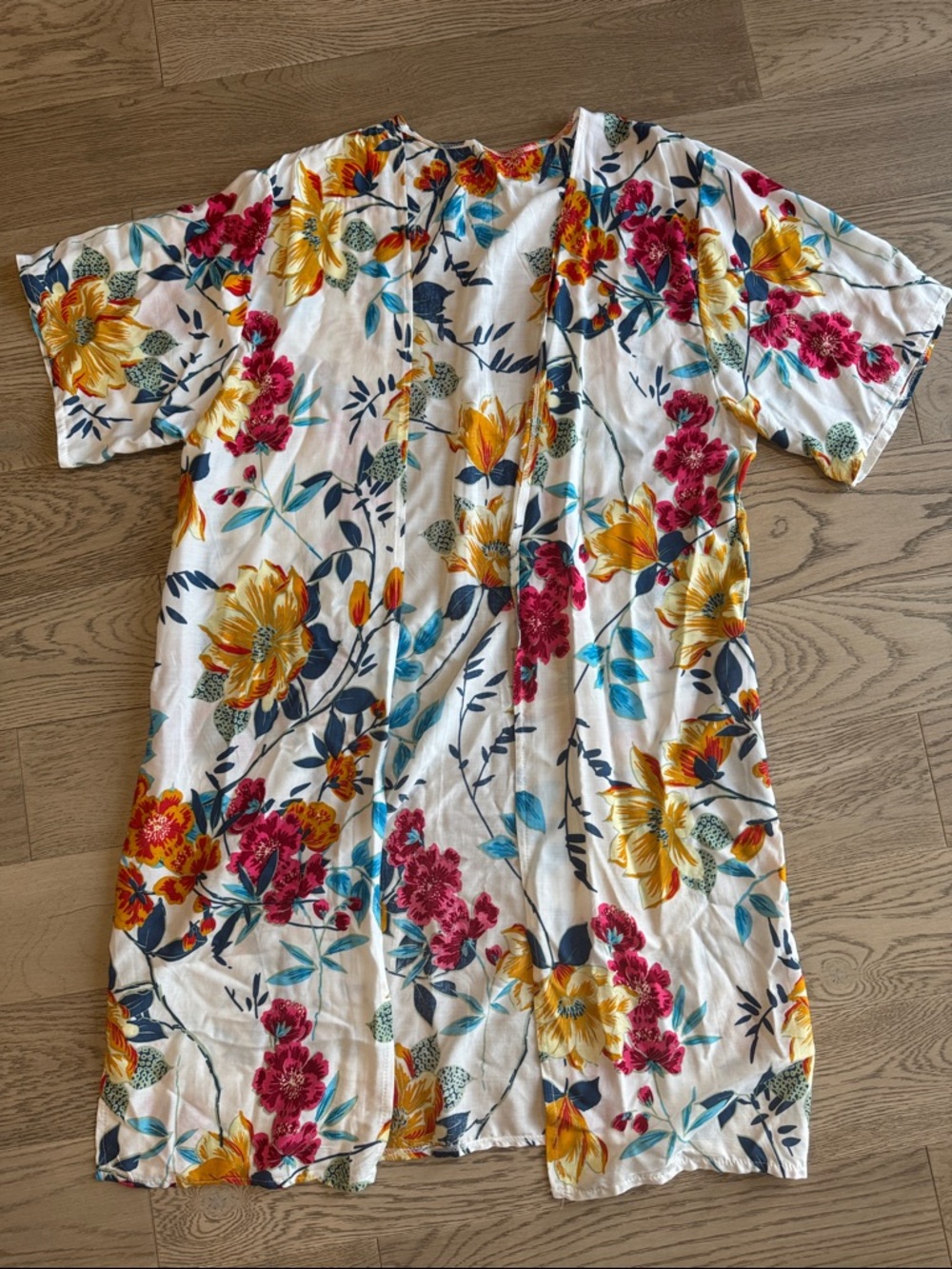 Floral Open Front Long White Kimono Beach Coverup - Yellow & Fuchsia Flowers